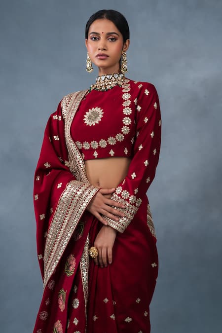 Shop_RICHA AHLUWALIA_Red Chanderi Gota Patti, Embroidery, Mirrors High Neck Hand Saree And Blouse _Online_at_Aza_Fashions