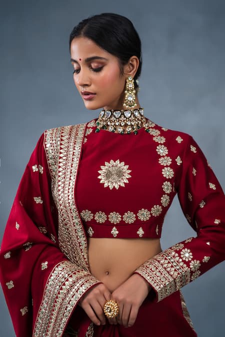 RICHA AHLUWALIA_Red Chanderi Gota Patti, Embroidery, Mirrors High Neck Hand Saree And Blouse _at_Aza_Fashions
