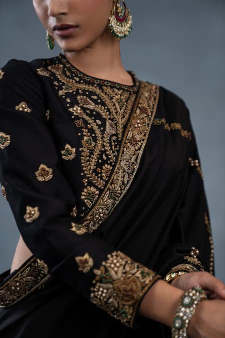 RICHA AHLUWALIA_Black Chanderi Embroidery, Stones, Zari, Zardozi Hand-embroidered Saree And Blouse _Online_at_Aza_Fashions