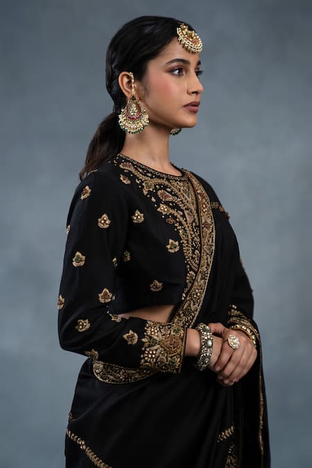 Shop_RICHA AHLUWALIA_Black Chanderi Embroidery, Stones, Zari, Zardozi Hand-embroidered Saree And Blouse _Online_at_Aza_Fashions