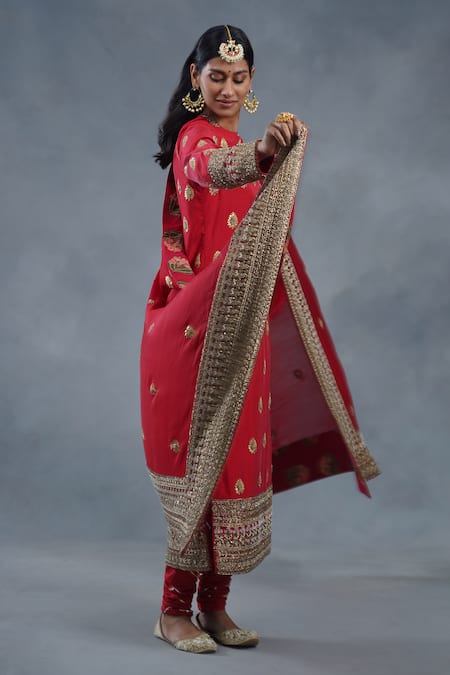 RICHA AHLUWALIA_Red Silk, Cotton, Chanderi Gota Patti, Zari, Sequins, Zardozi Buti Kurta Set _Online_at_Aza_Fashions