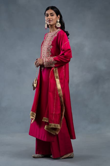 RICHA AHLUWALIA_Pink Chanderi Embroidery, Sequins, Metallic Silk Hand Kurta, Palazzo And Dupatta _at_Aza_Fashions