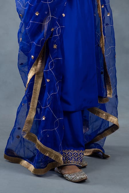 RICHA AHLUWALIA_Blue Silk, Organza Embroidery, Gota Patti, Zardozi Kurta And Work Dupatta Set _Online_at_Aza_Fashions