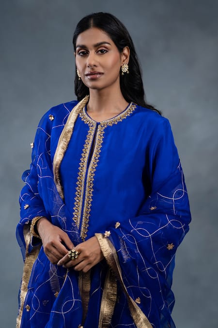 Buy_RICHA AHLUWALIA_Blue Silk, Organza Embroidery, Gota Patti, Zardozi Kurta And Work Dupatta Set _Online_at_Aza_Fashions