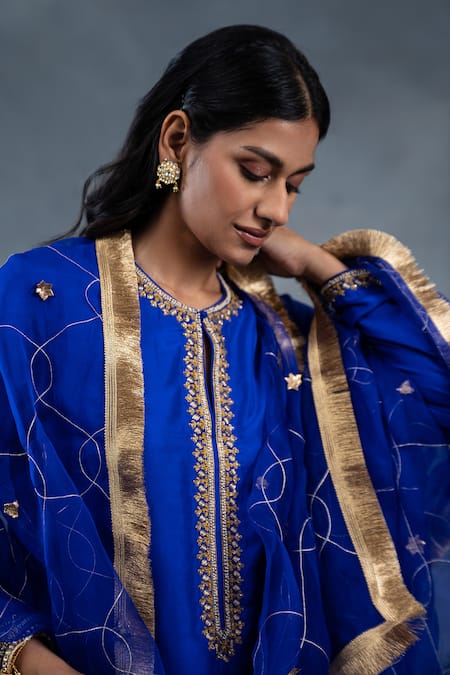 Shop_RICHA AHLUWALIA_Blue Silk, Organza Embroidery, Gota Patti, Zardozi Kurta And Work Dupatta Set _Online_at_Aza_Fashions