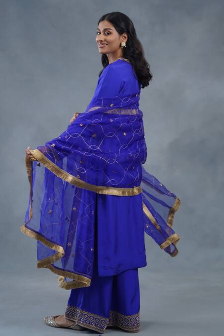 RICHA AHLUWALIA_Blue Silk, Organza Embroidery, Gota Patti, Zardozi Kurta And Work Dupatta Set _at_Aza_Fashions