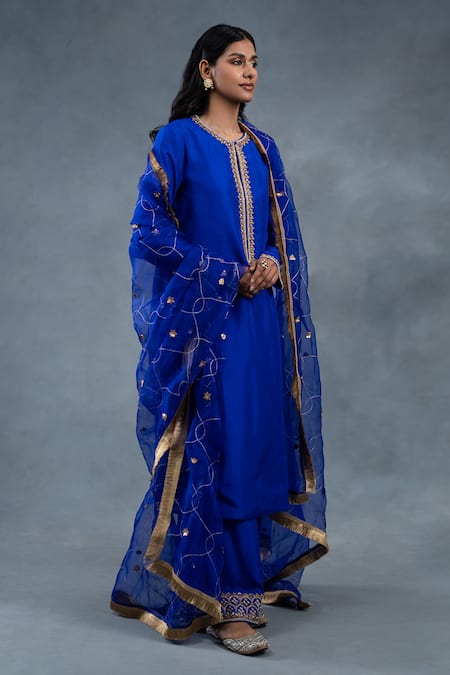 Buy_RICHA AHLUWALIA_Blue Silk, Organza Embroidery, Gota Patti, Zardozi Kurta And Work Dupatta Set 