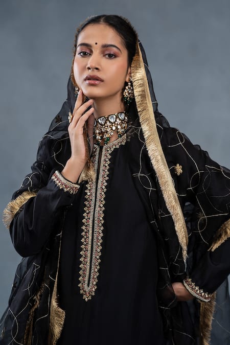 Shop_RICHA AHLUWALIA_Black Silk, Organza Embroidery, Metallic Habutai Zardozi Kurta And Palazzo Set _Online_at_Aza_Fashions
