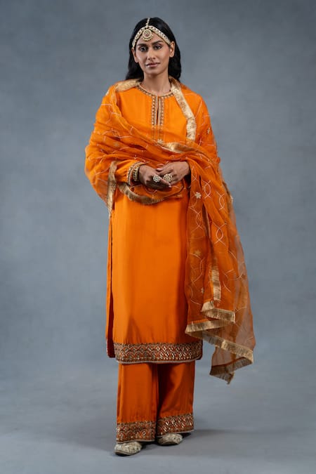 RICHA AHLUWALIA Habutai Silk Zardozi Kurta Palazzo & Organza Dupatta Set 