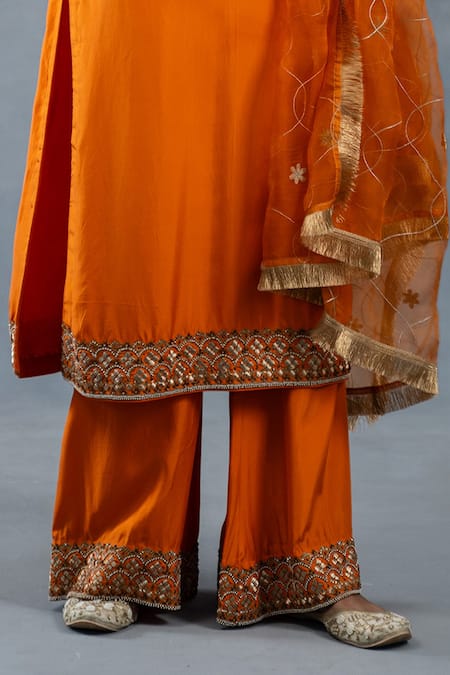 RICHA AHLUWALIA_Orange Silk, Organza Embroidery, Habutai Zardozi Kurta Palazzo And Dupatta Set _Online_at_Aza_Fashions