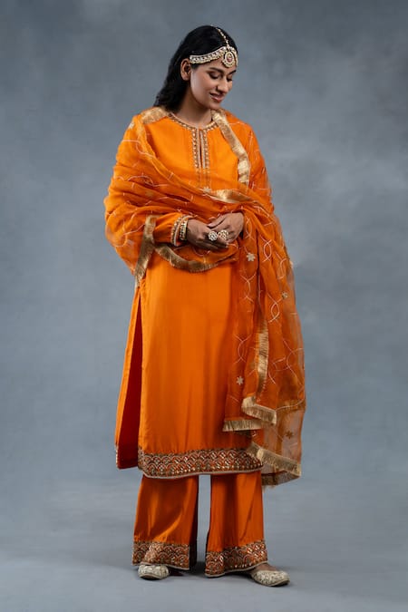 Buy_RICHA AHLUWALIA_Orange Silk, Organza Embroidery, Habutai Zardozi Kurta Palazzo And Dupatta Set _Online_at_Aza_Fashions