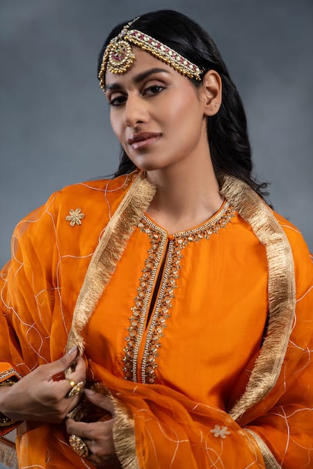 RICHA AHLUWALIA_Orange Silk, Organza Embroidery, Habutai Zardozi Kurta Palazzo And Dupatta Set _at_Aza_Fashions