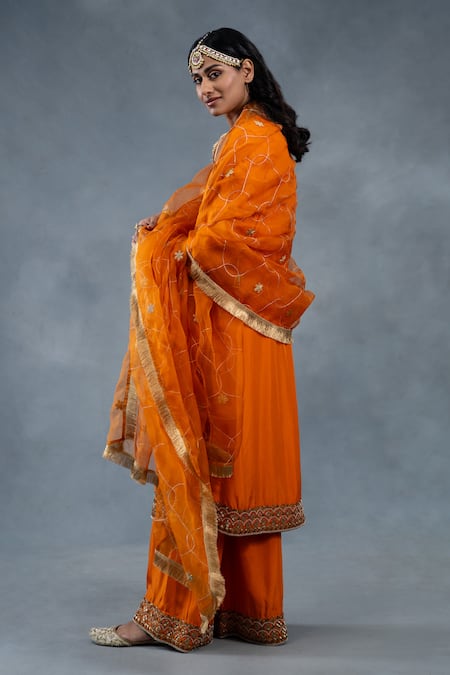 RICHA AHLUWALIA Habutai Silk Zardozi Kurta Palazzo & Organza Dupatta Set 