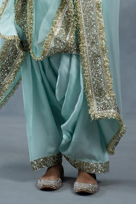 RICHA AHLUWALIA_Blue , Organza Embroidery, Fringe Habutai Kurta Salwar And Dupatta Set _Online_at_Aza_Fashions