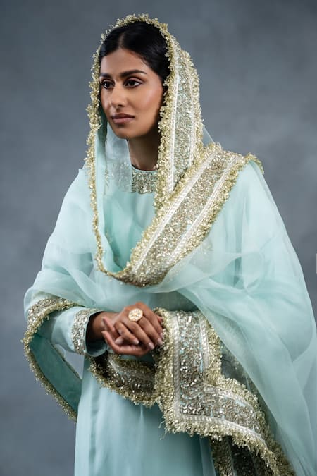 Buy_RICHA AHLUWALIA_Blue , Organza Embroidery, Fringe Habutai Kurta Salwar And Dupatta Set _Online_at_Aza_Fashions