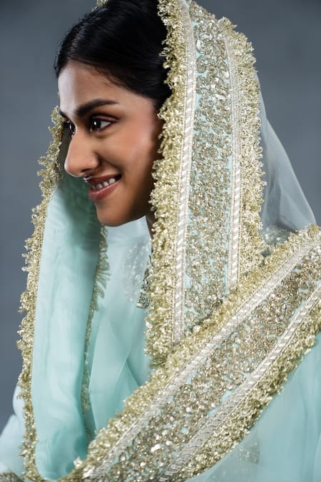 Shop_RICHA AHLUWALIA_Blue , Organza Embroidery, Fringe Habutai Kurta Salwar And Dupatta Set _Online_at_Aza_Fashions