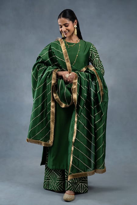RICHA AHLUWALIA_Green Silk, Gota Patti, Embroidery, Fringe Stripe Kurta Set _Online_at_Aza_Fashions