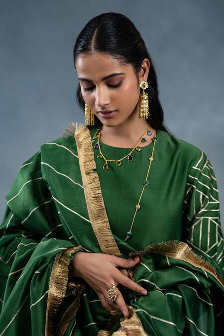 Shop_RICHA AHLUWALIA_Green Silk, Gota Patti, Embroidery, Fringe Stripe Kurta Set _Online_at_Aza_Fashions