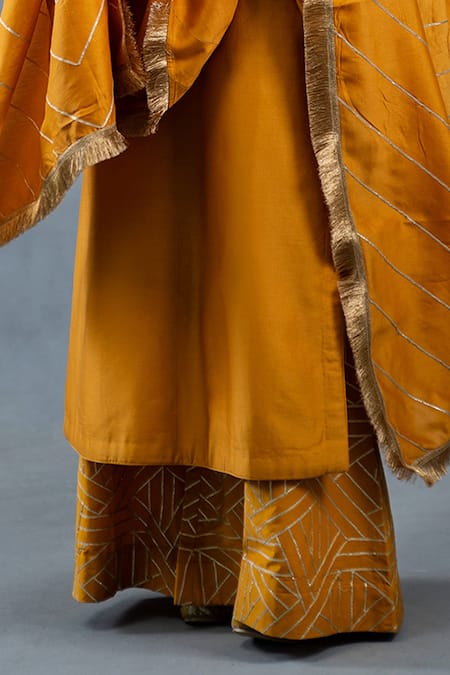 RICHA AHLUWALIA_Mustard Chanderi Gota Patti, Fringe Round Neck Stripe Kurta Palazzo Set _Online_at_Aza_Fashions