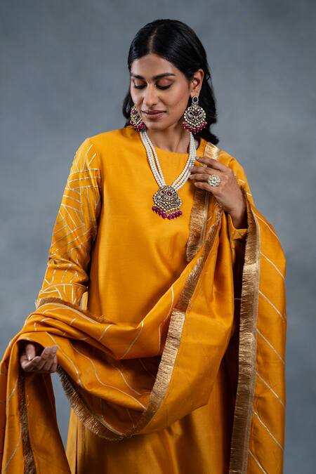 Buy_RICHA AHLUWALIA_Mustard Chanderi Gota Patti, Fringe Round Neck Stripe Kurta Palazzo Set _Online_at_Aza_Fashions