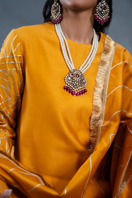 Shop_RICHA AHLUWALIA_Mustard Chanderi Gota Patti, Fringe Round Neck Stripe Kurta Palazzo Set _Online_at_Aza_Fashions