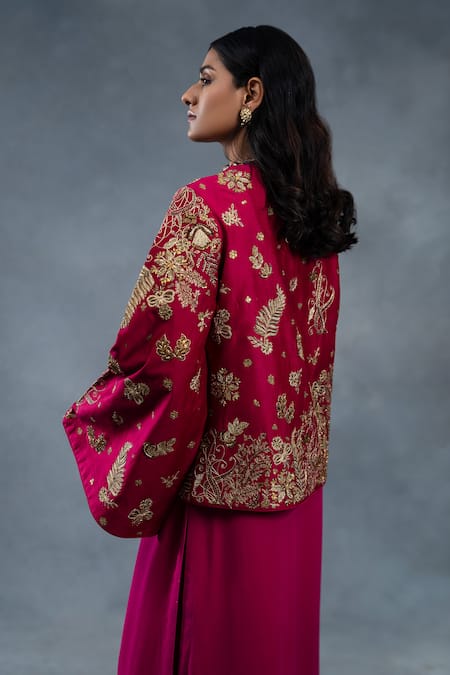 RICHA AHLUWALIA_Pink Chanderi Embroidery Round Neck Hand Floral Jacket _Online_at_Aza_Fashions