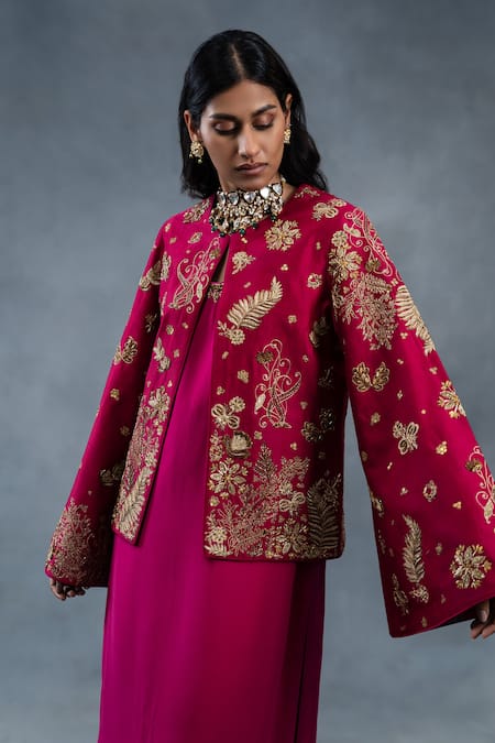 Buy_RICHA AHLUWALIA_Pink Chanderi Embroidery Round Neck Hand Floral Jacket _Online_at_Aza_Fashions
