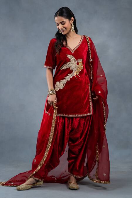 Shop_RICHA AHLUWALIA_Red Velvet, Silk, Organza Bird Kurta Set With Patiyala Salwar And Dupatta _Online_at_Aza_Fashions