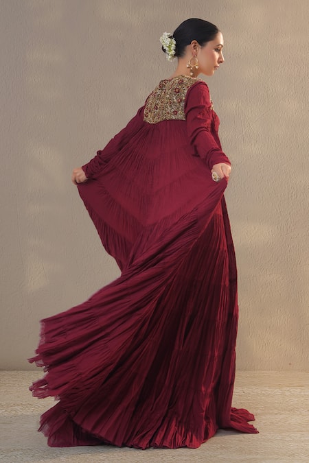 RICHA AHLUWALIA_Burgundy Cotton, Silk Embroidery, Zari Zardozi And Thread Mulmul Jalabiya Set _Online_at_Aza_Fashions
