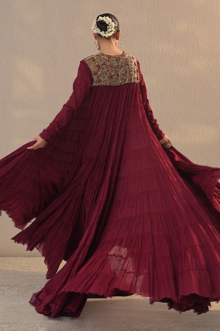Buy_RICHA AHLUWALIA_Burgundy Cotton, Silk Embroidery, Zari Zardozi And Thread Mulmul Jalabiya Set _Online_at_Aza_Fashions