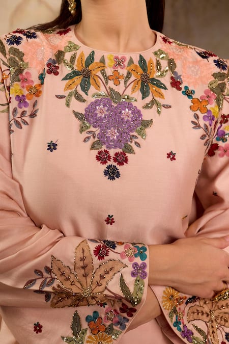 RICHA AHLUWALIA_Blush Chanderi , Cotton, Embroidery, Mughal Floral Zardozi Kurta Set _Online_at_Aza_Fashions