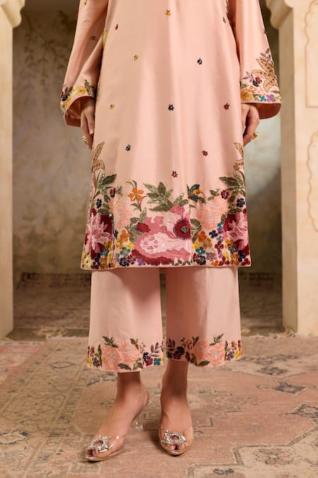 Shop_RICHA AHLUWALIA_Blush Chanderi , Cotton, Embroidery, Mughal Floral Zardozi Kurta Set _Online_at_Aza_Fashions