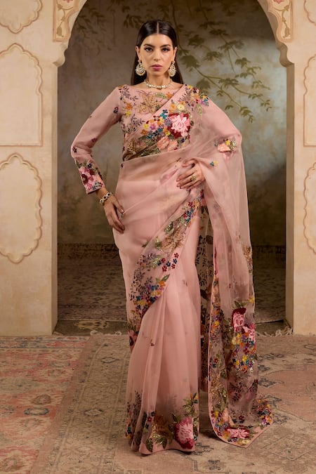 RICHA AHLUWALIA Mughal Floral Thread & Zardozi Embroidered Saree Set 
