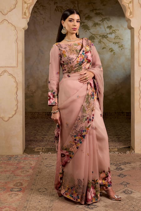 Buy_RICHA AHLUWALIA_Blush Organza, Satin, Mughal Floral Thread And Zardozi Saree Set _Online_at_Aza_Fashions