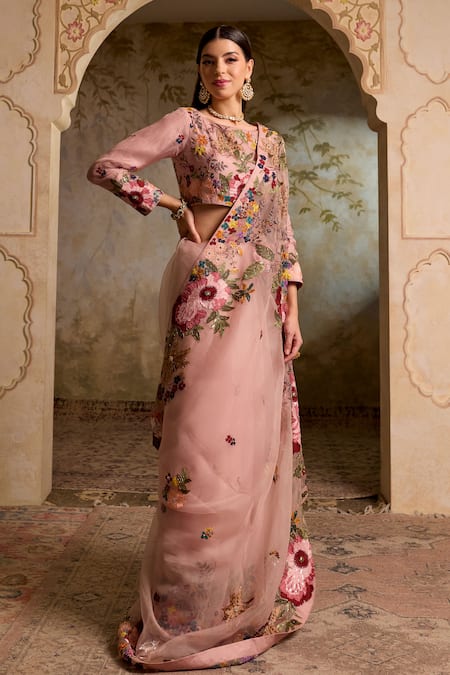 Shop_RICHA AHLUWALIA_Blush Organza, Satin, Mughal Floral Thread And Zardozi Saree Set _Online_at_Aza_Fashions