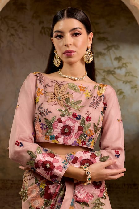 RICHA AHLUWALIA_Blush Organza, Satin, Mughal Floral Thread And Zardozi Saree Set _at_Aza_Fashions