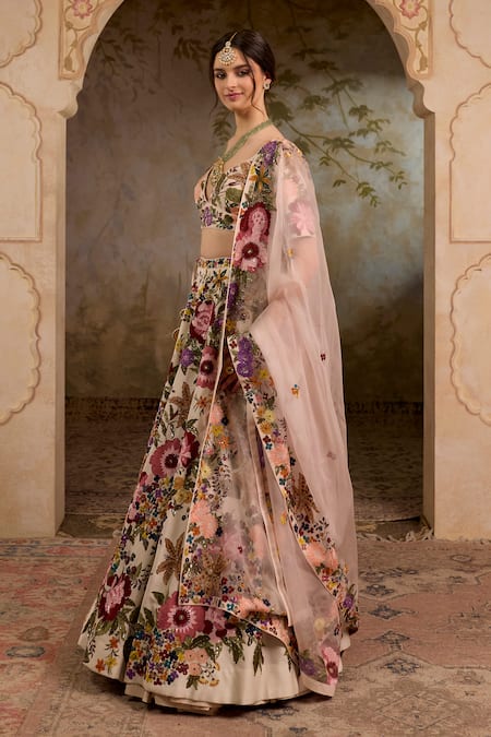 RICHA AHLUWALIA_Pink Chanderi , Organza Embroidery, Stones, Mughal Floral Lehenga Set _Online_at_Aza_Fashions
