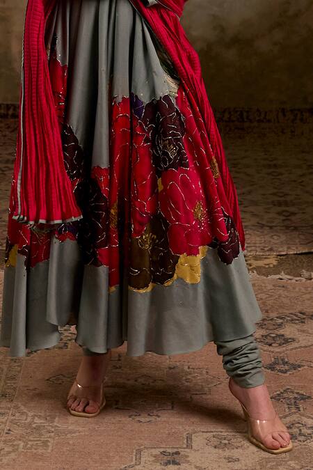 RICHA AHLUWALIA_Turquoise Chanderi , Cotton, Printed Anarkali With Dupatta And Churidar _Online_at_Aza_Fashions