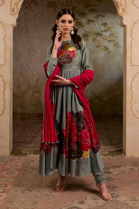 RICHA AHLUWALIA Printed Anarkali With Dupatta & Churidar 