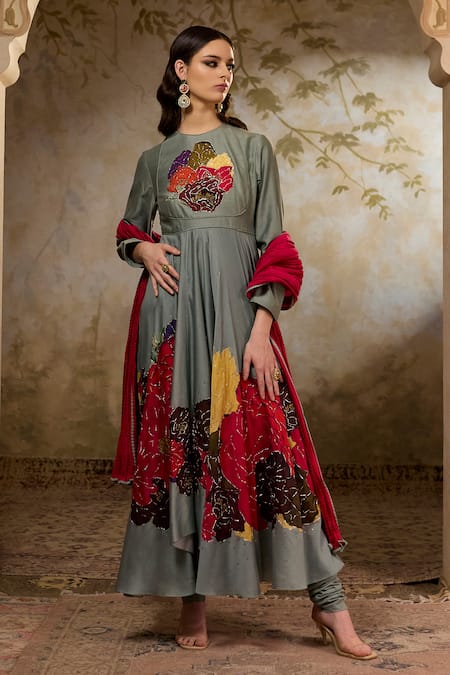 Buy_RICHA AHLUWALIA_Turquoise Chanderi , Cotton, Printed Anarkali With Dupatta And Churidar _Online_at_Aza_Fashions