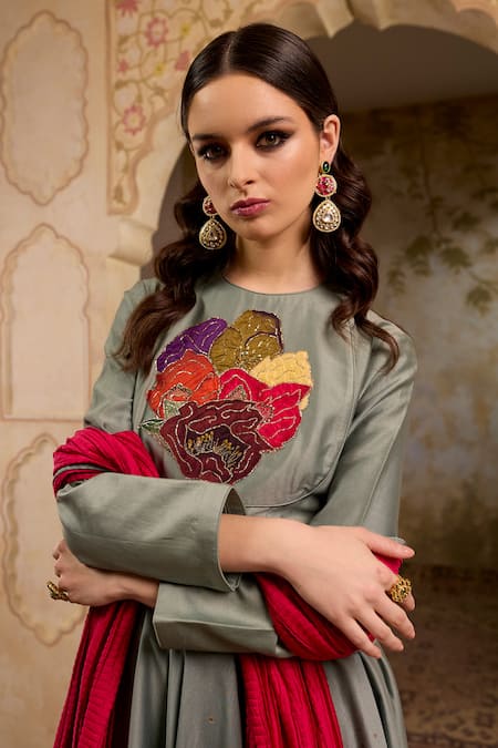 Shop_RICHA AHLUWALIA_Turquoise Chanderi , Cotton, Printed Anarkali With Dupatta And Churidar _Online_at_Aza_Fashions