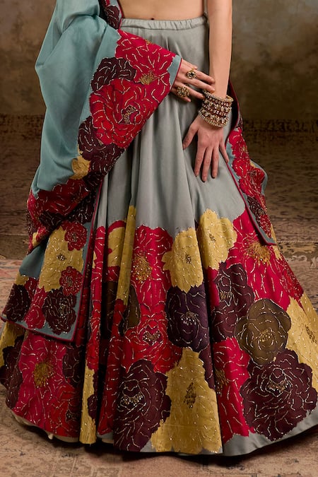 RICHA AHLUWALIA_Multi Color Chanderi , Organza Sequins, Floral Zardozi Lehenga Set _Online_at_Aza_Fashions