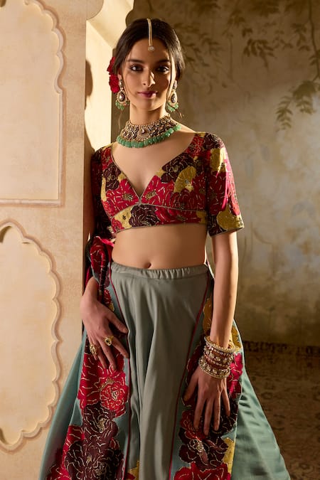 Shop_RICHA AHLUWALIA_Multi Color Chanderi , Organza Sequins, Floral Zardozi Lehenga Set _Online_at_Aza_Fashions