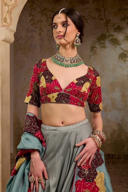 RICHA AHLUWALIA_Multi Color Chanderi , Organza Sequins, Floral Zardozi Lehenga Set _at_Aza_Fashions