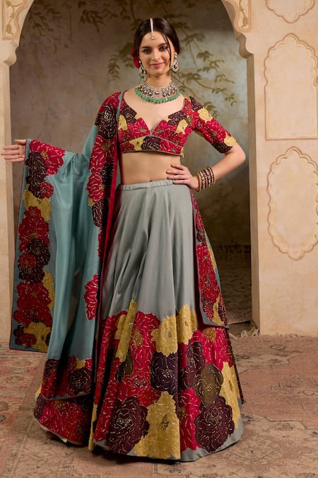 RICHA AHLUWALIA Floral Zardozi Embroidered Lehenga Set 