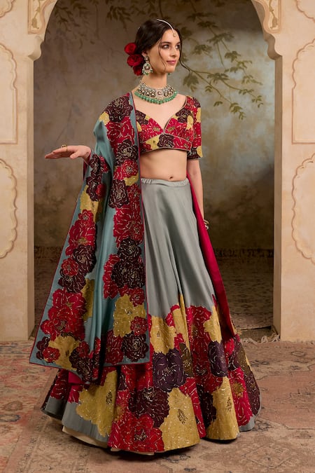 Shop_RICHA AHLUWALIA_Multi Color Chanderi , Organza Sequins, Floral Zardozi Lehenga Set 