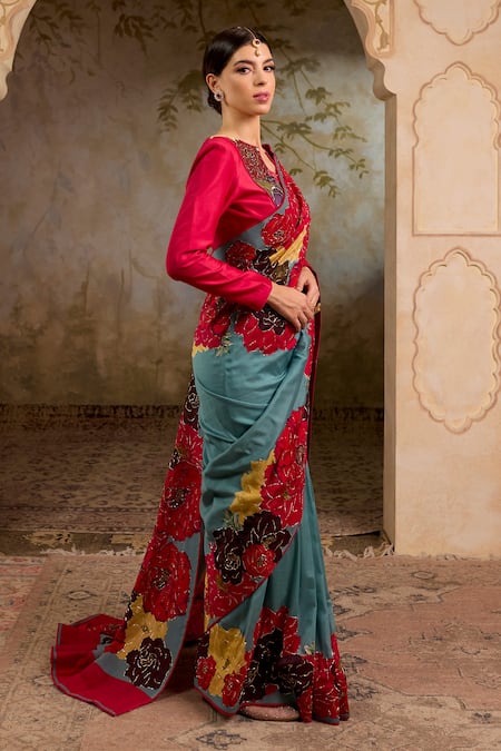 RICHA AHLUWALIA Floral Motif Saree With Zardozi & Sequin Embroidery 