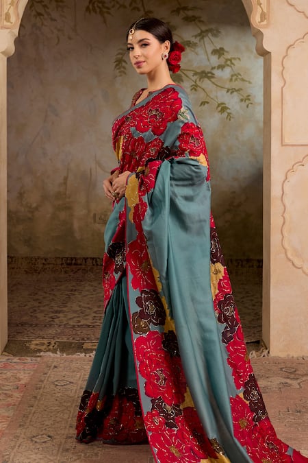 RICHA AHLUWALIA_Turquoise Silk Organza, Chanderi Silk, Satin Floral Motif Saree With Zardozi And _at_Aza_Fashions