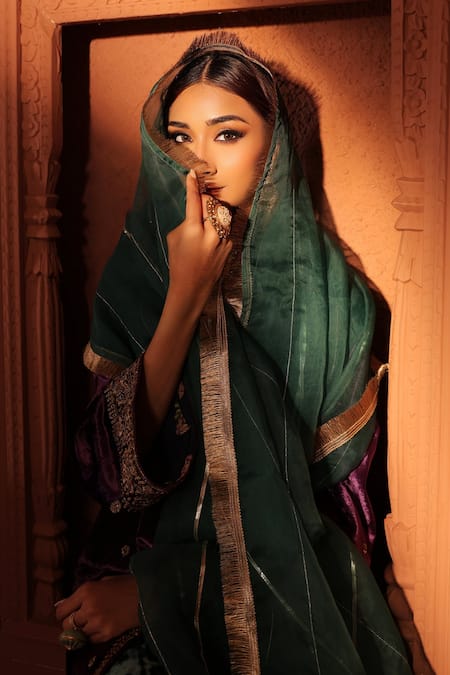 RICHA AHLUWALIA_Purple Velvet, Organza Embroidery, Sequins, Zari, Gota Patti Dori Kurta Set _Online_at_Aza_Fashions