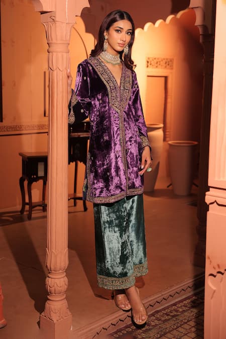 Shop_RICHA AHLUWALIA_Purple Velvet, Organza Embroidery, Sequins, Zari, Gota Patti Dori Kurta Set _Online_at_Aza_Fashions